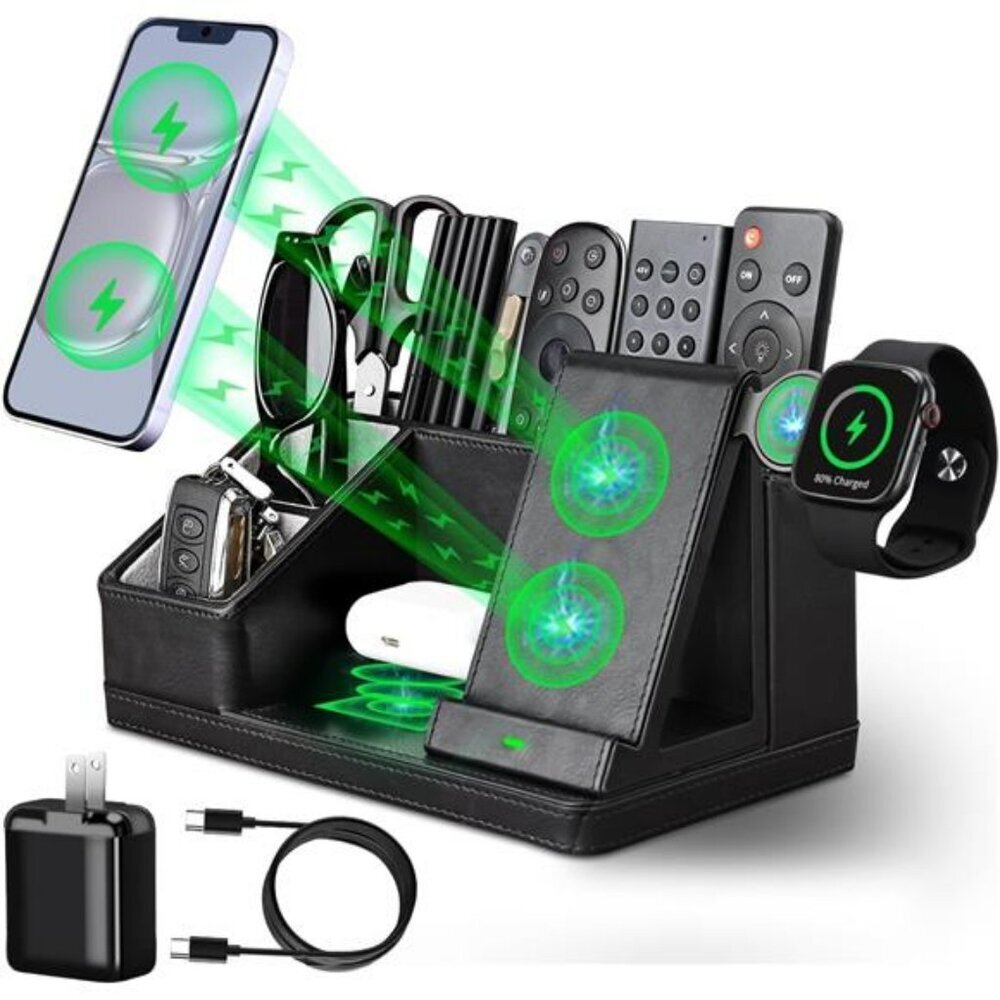 Black leather desk organizer with phone charging station pen holder office stora